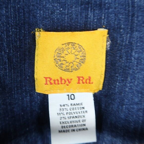 RUBY RD BLUE DENIM CROPPED JEAN JACKET WITH BROWN FAUX SUEDE DETAIL SIZE 10 - Picture 2 of 10